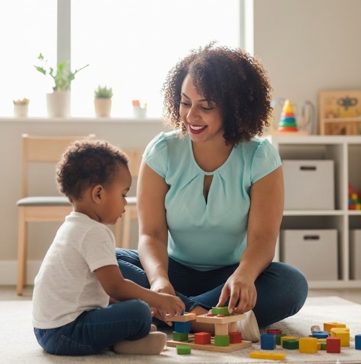 Psicóloga interagindo com criança em sessão terapêutica